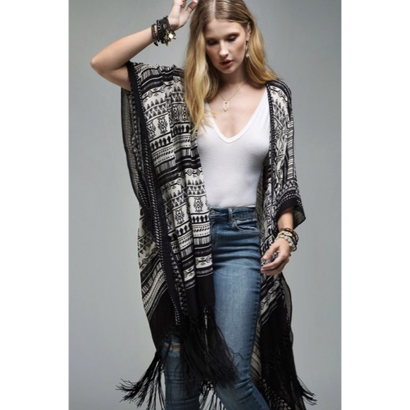 SOLD OUT Black Ethnic Print Tassel Fringe Kimono Coverup Wrap - Picture 3 of 7